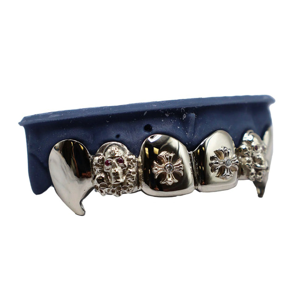 Top 6 Custom Grillz with 3D Skulls, Crosses & Diamond Fangs – White Gold VS+ Luxury Set