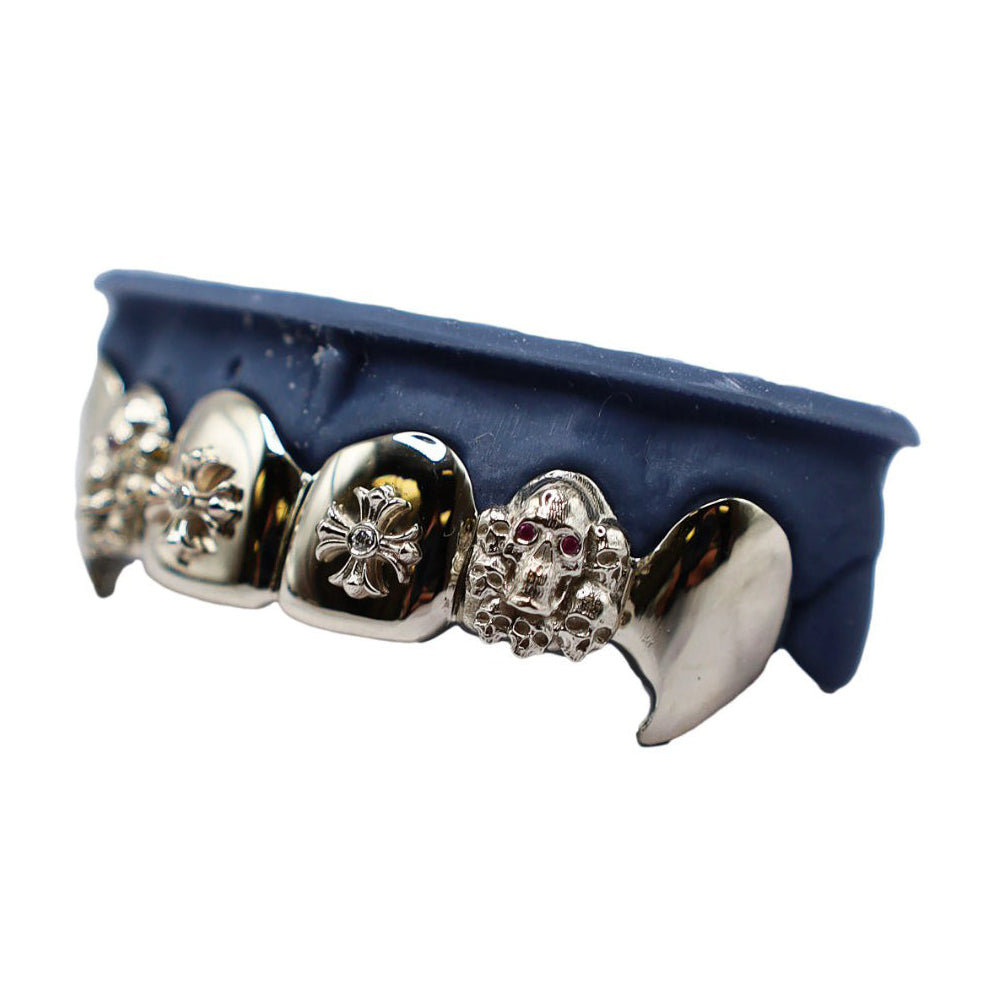 Top 6 Custom Grillz with 3D Skulls, Crosses & Diamond Fangs – White Gold VS+ Luxury Set