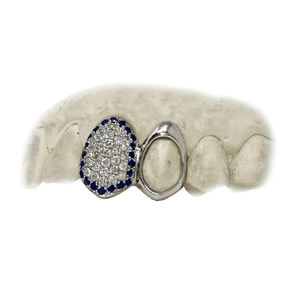 Diamond Fang Grillz w Sapphire Halo & Gold Open Face Tooth (VS, 14K, White Gold)