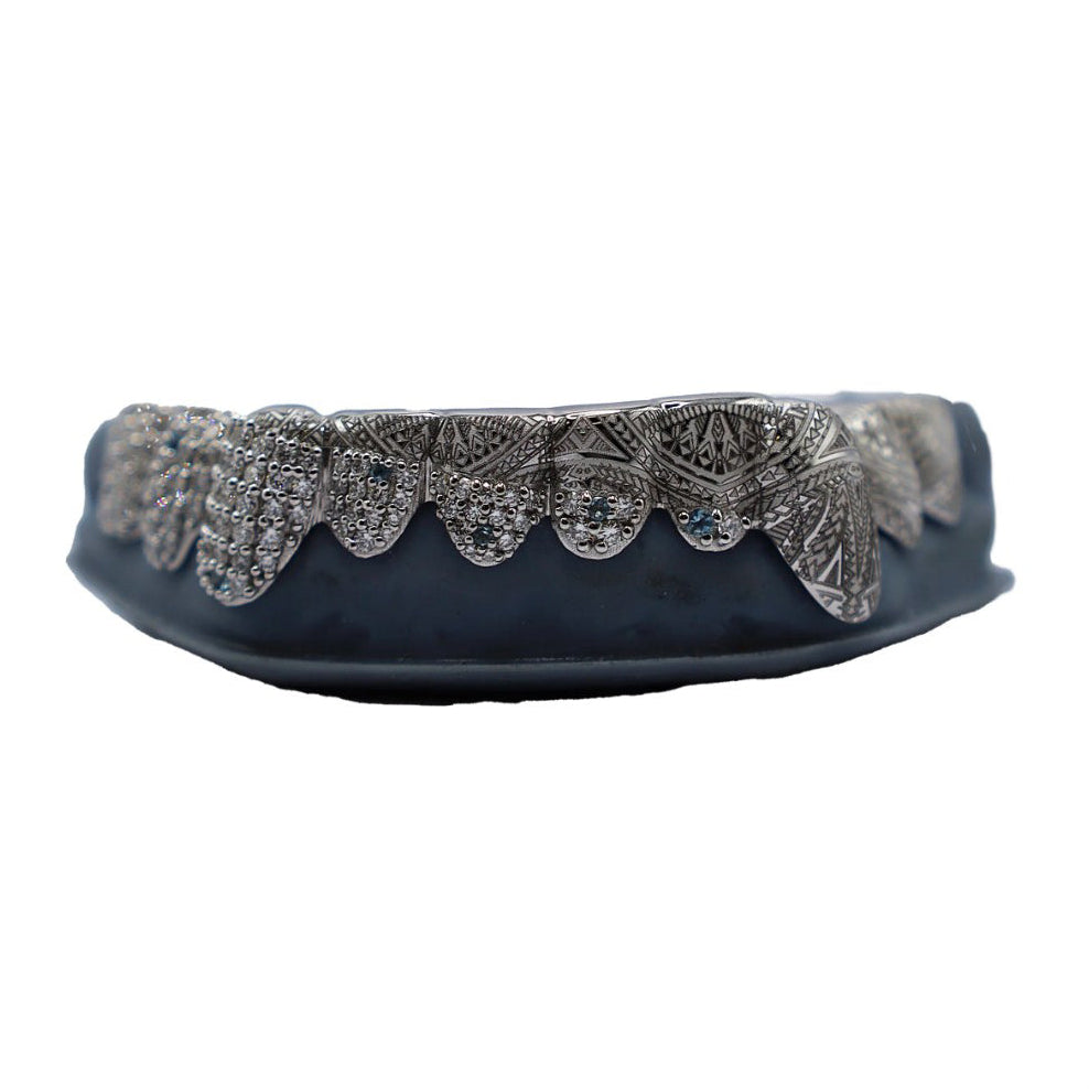 Bottom 8 Diamond Grillz with Polynesian Engraving – VS+ Diamonds White Gold Custom Set