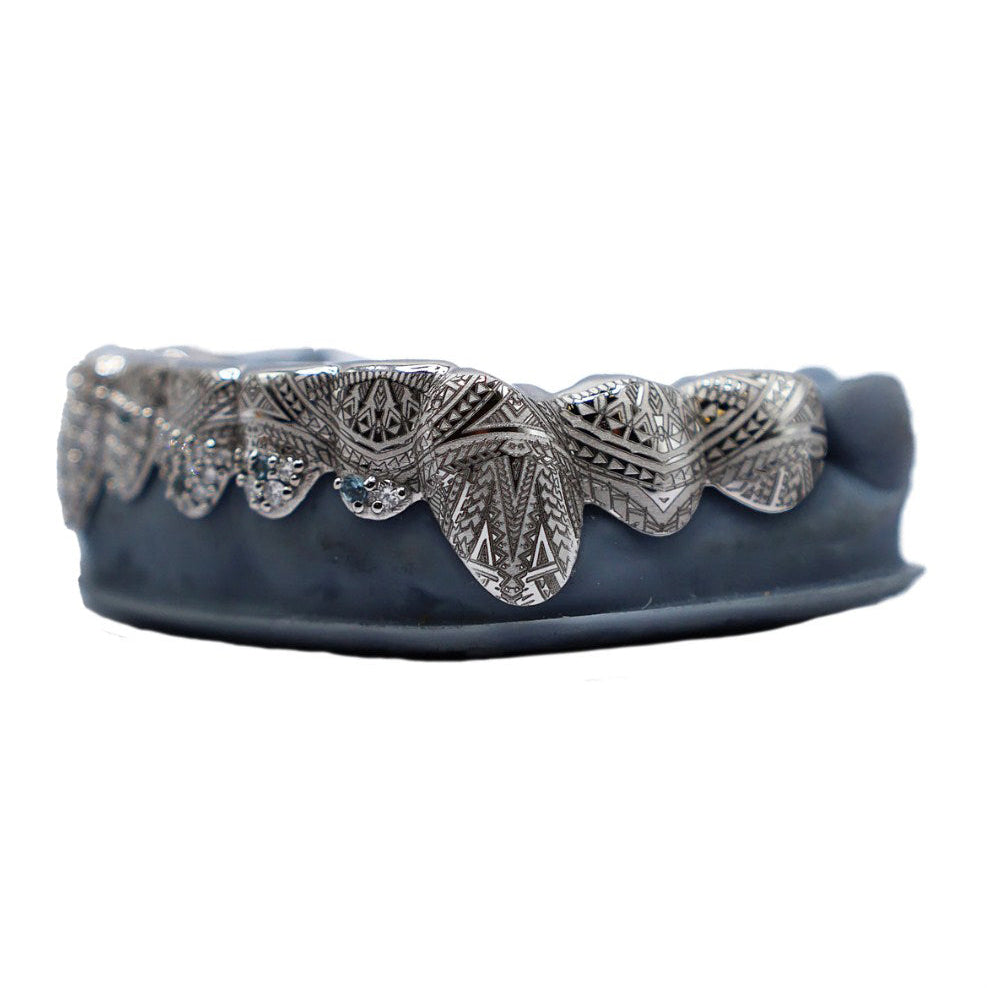 Bottom 8 Diamond Grillz with Polynesian Engraving – VS+ Diamonds White Gold Custom Set
