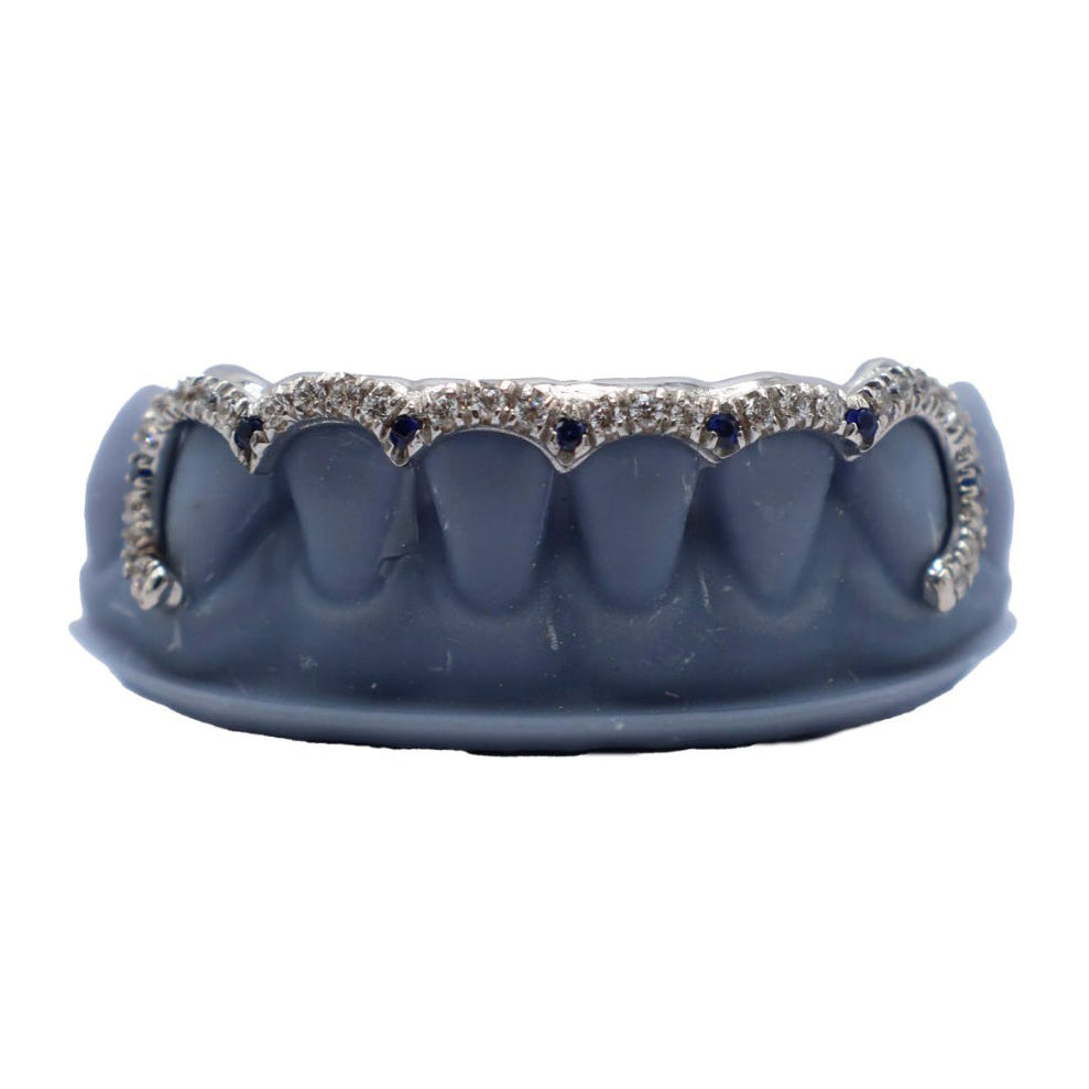 Curved Diamond Bridge Grillz with Blue Sapphires – VS+ Diamond Custom Bottom Set in White Gold