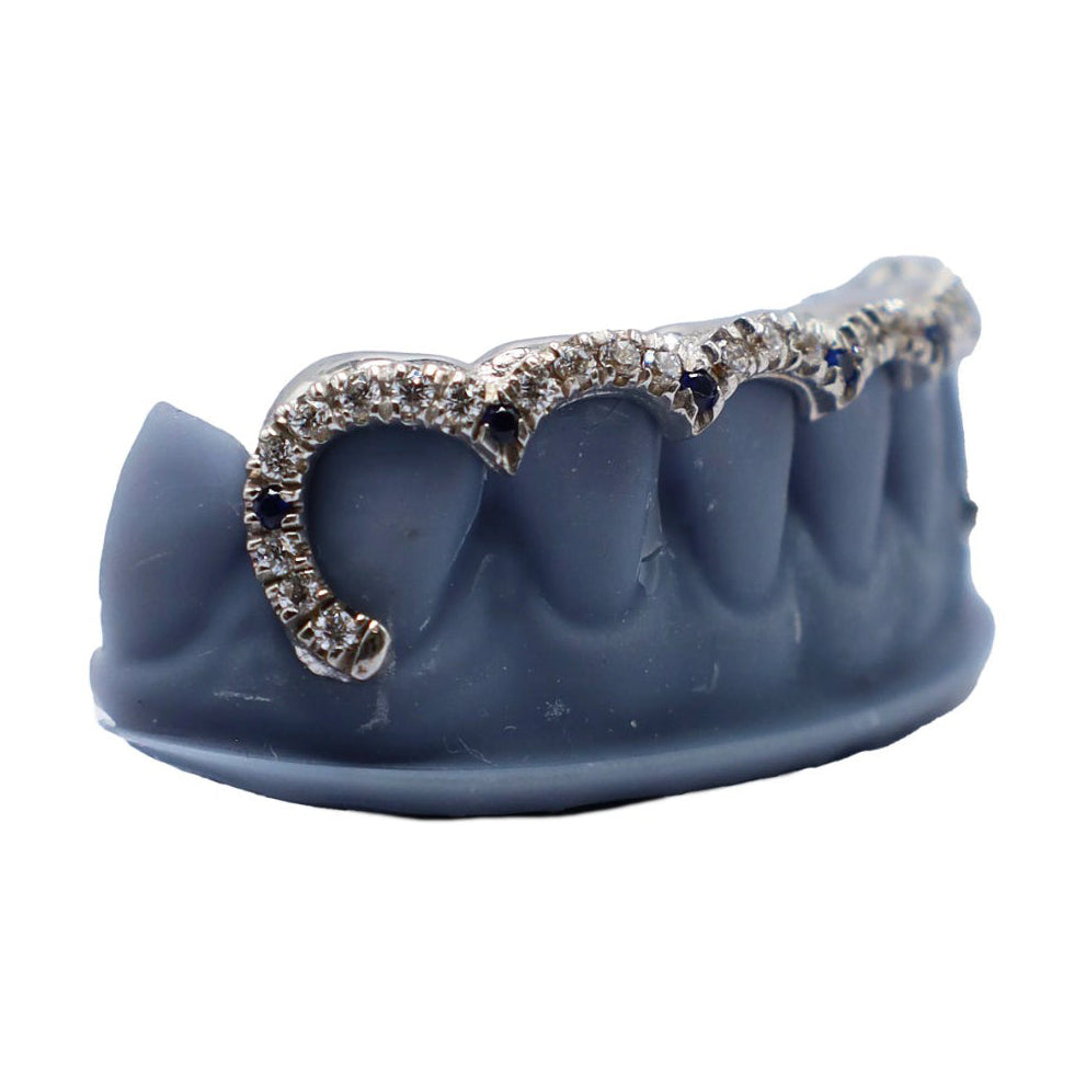 Curved Diamond Bridge Grillz with Blue Sapphires – VS+ Diamond Custom Bottom Set in White Gold