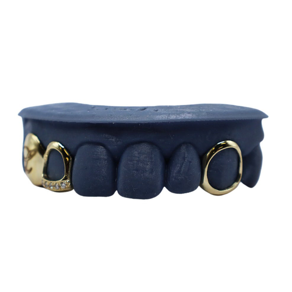 Diamond Tip Open Face Grillz with Engraved Tooth & Fang – VS+ Diamond Custom Top Set in Gold