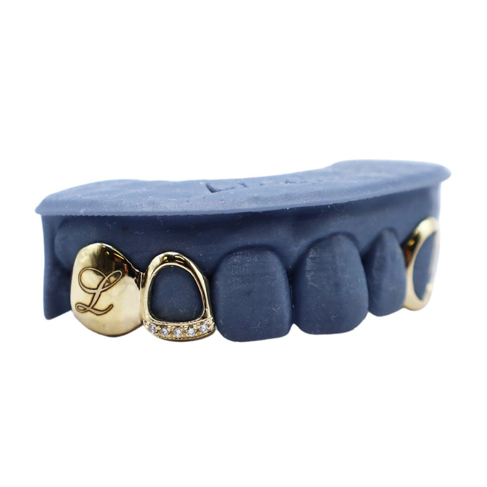 Diamond Tip Open Face Grillz with Engraved Tooth & Fang – VS+ Diamond Custom Top Set in Gold