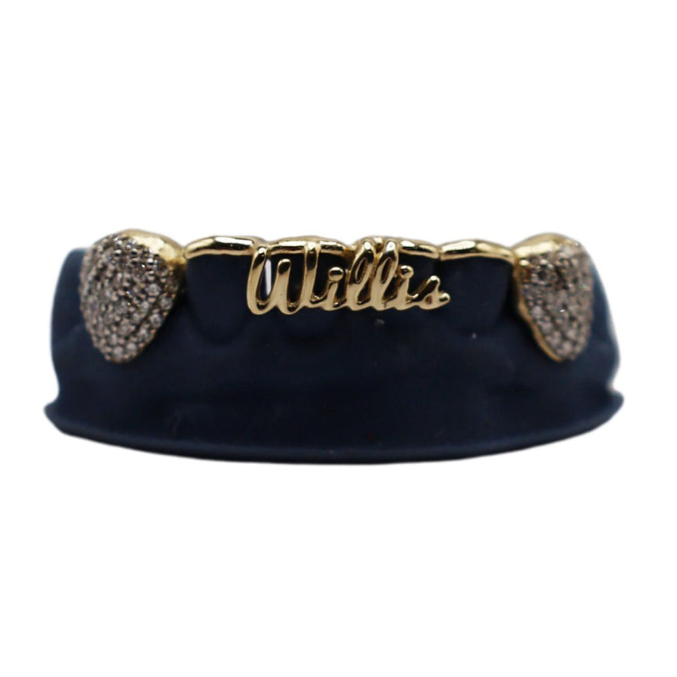 Diamond Fang Grillz with Custom 3D Letter Bridge – VS+ Diamond Bottom Set in Solid Gold