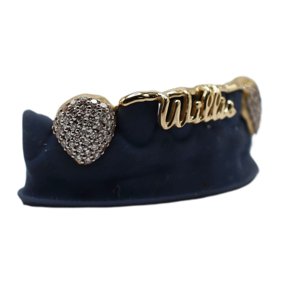 Diamond Fang Grillz with Custom 3D Letter Bridge – VS+ Diamond Bottom Set in Solid Gold