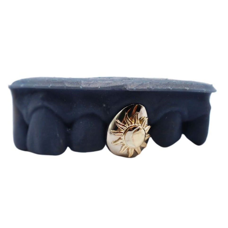 3D Sun Single Tooth Grillz (Two-Tone) – Custom Solid Gold Top Tooth Statement Piece