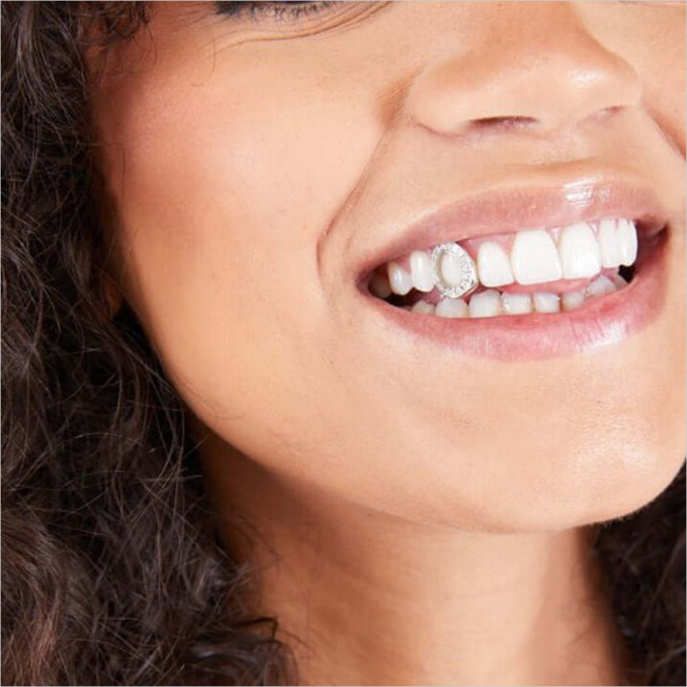 Single Tooth Open Face Diamond Fang Grillz – 14K White Gold Custom Iced Fang Cap